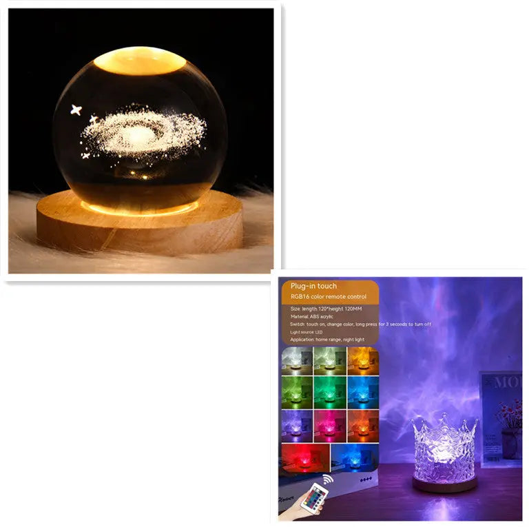 LED Water Ripple Ambient Night Light USB Rotating Projection Crystal Table Lamp RGB Dimmable Home Decoration 16 Color Gifts Luminex Lights