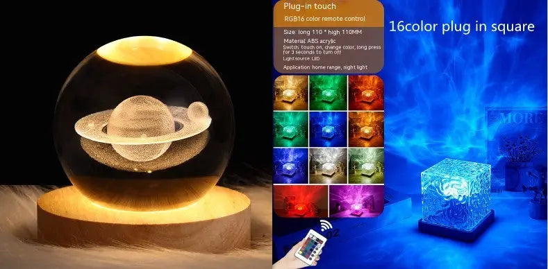 LED Water Ripple Ambient Night Light USB Rotating Projection Crystal Table Lamp RGB Dimmable Home Decoration 16 Color Gifts Luminex Lights